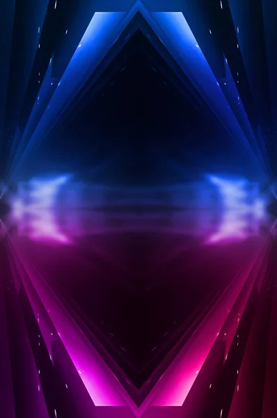 Dark abstract futuristic background. Neon lines glow. Neon lines, shapes. Pink-blue glow. Empty Stage Background