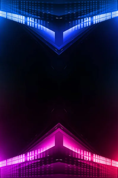 Dark abstract futuristic background. Neon lines glow. Neon lines, shapes. Pink-blue glow. Empty Stage Background