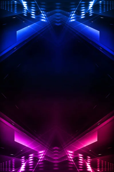 Dark abstract futuristic background. Neon lines glow. Neon lines, shapes. Pink-blue glow. Empty Stage Background