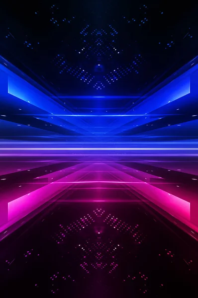 Dark abstract futuristic background. Neon lines glow. Neon lines, shapes. Pink-blue glow. Empty Stage Background