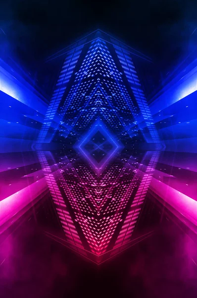 Dark abstract futuristic background. Neon lines glow. Neon lines, shapes. Pink-blue glow. Empty Stage Background