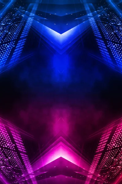 Dark abstract futuristic background. Neon lines glow. Neon lines, shapes. Pink-blue glow. Empty Stage Background