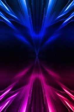 Karanlık soyut fütüristik arka plan. Neon hatları parlıyor. Neon hatları, şekiller. Pembe-mavi parıltı. Boş Sahne Arkaplanı
