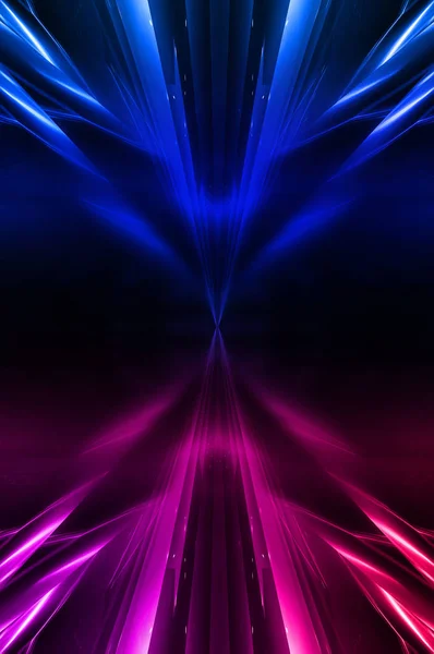 Dark abstract futuristic background. Neon lines glow. Neon lines, shapes. Pink-blue glow. Empty Stage Background