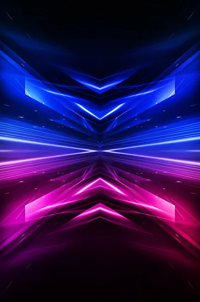 Dark abstract futuristic background. Neon lines glow. Neon lines, shapes. Pink-blue glow. Empty Stage Background