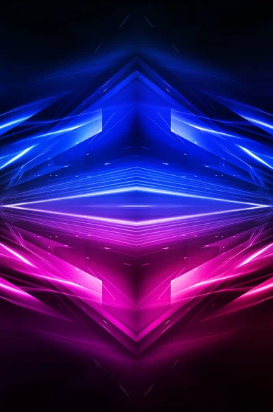 Dark abstract futuristic background. Neon lines glow. Neon lines, shapes. Pink-blue glow. Empty Stage Background