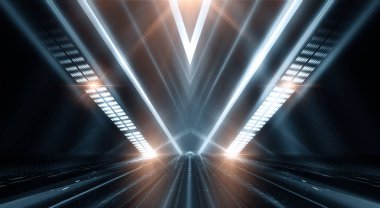 Boş gösteri sahnesinin arkaplanı. Boş karanlık modern soyut neon arkaplan. Boş bir sahnede neon ışıkları, diyotlar, ışınlar ve çizgiler. Gece şehrin ışıkları..