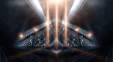 Boş gösteri sahnesinin arkaplanı. Boş karanlık modern soyut neon arkaplan. Boş bir sahnede neon ışıkları, diyotlar, ışınlar ve çizgiler. Gece şehrin ışıkları..