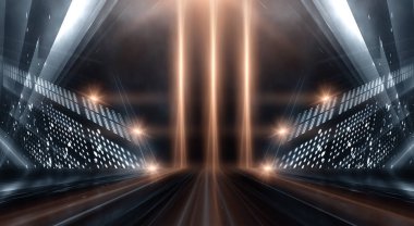 Boş gösteri sahnesinin arkaplanı. Boş karanlık modern soyut neon arkaplan. Boş bir sahnede neon ışıkları, diyotlar, ışınlar ve çizgiler. Gece şehrin ışıkları..