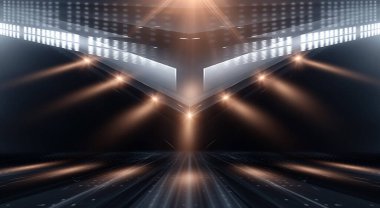 Boş gösteri sahnesinin arkaplanı. Boş karanlık modern soyut neon arkaplan. Boş bir sahnede neon ışıkları, diyotlar, ışınlar ve çizgiler. Gece şehrin ışıkları..