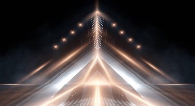 Boş gösteri sahnesinin arkaplanı. Boş karanlık modern soyut neon arkaplan. Boş bir sahnede neon ışıkları, diyotlar, ışınlar ve çizgiler. Gece şehrin ışıkları..