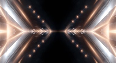 Boş gösteri sahnesinin arkaplanı. Boş karanlık modern soyut neon arkaplan. Boş bir sahnede neon ışıkları, diyotlar, ışınlar ve çizgiler. Gece şehrin ışıkları..