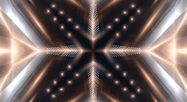 Boş gösteri sahnesinin arkaplanı. Boş karanlık modern soyut neon arkaplan. Boş bir sahnede neon ışıkları, diyotlar, ışınlar ve çizgiler. Gece şehrin ışıkları..