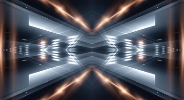 Boş gösteri sahnesinin arkaplanı. Boş karanlık modern soyut neon arkaplan. Boş bir sahnede neon ışıkları, diyotlar, ışınlar ve çizgiler. Gece şehrin ışıkları..