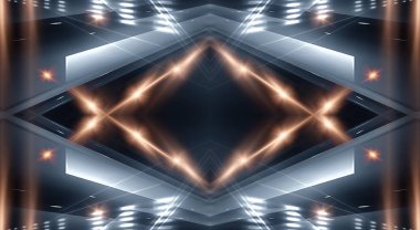 Boş gösteri sahnesinin arkaplanı. Boş karanlık modern soyut neon arkaplan. Boş bir sahnede neon ışıkları, diyotlar, ışınlar ve çizgiler. Gece şehrin ışıkları..