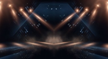 Boş gösteri sahnesinin arkaplanı. Boş karanlık modern soyut neon arkaplan. Boş bir sahnede neon ışıkları, diyotlar, ışınlar ve çizgiler. Gece şehrin ışıkları..