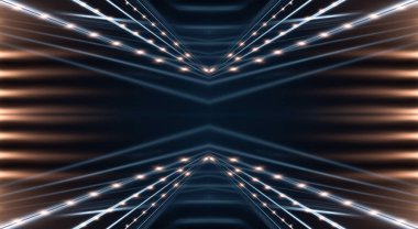 Boş gösteri sahnesinin arkaplanı. Boş karanlık modern soyut neon arkaplan. Boş bir sahnede neon ışıkları, diyotlar, ışınlar ve çizgiler. Gece şehrin ışıkları..