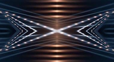 Boş gösteri sahnesinin arkaplanı. Boş karanlık modern soyut neon arkaplan. Boş bir sahnede neon ışıkları, diyotlar, ışınlar ve çizgiler. Gece şehrin ışıkları..