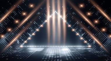 Boş gösteri sahnesinin arkaplanı. Boş karanlık modern soyut neon arkaplan. Boş bir sahnede neon ışıkları, diyotlar, ışınlar ve çizgiler. Gece şehrin ışıkları..