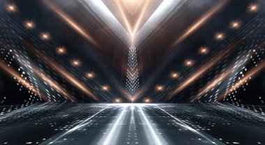 Boş gösteri sahnesinin arkaplanı. Boş karanlık modern soyut neon arkaplan. Boş bir sahnede neon ışıkları, diyotlar, ışınlar ve çizgiler. Gece şehrin ışıkları..