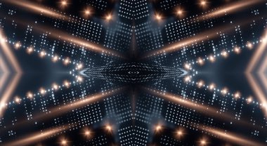 Boş gösteri sahnesinin arkaplanı. Boş karanlık modern soyut neon arkaplan. Boş bir sahnede neon ışıkları, diyotlar, ışınlar ve çizgiler. Gece şehrin ışıkları..