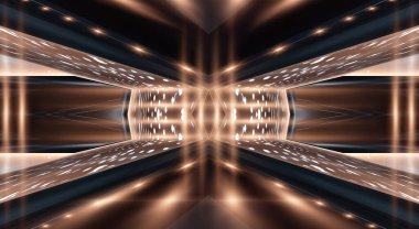 Boş gösteri sahnesinin arkaplanı. Boş karanlık modern soyut neon arkaplan. Boş bir sahnede neon ışıkları, diyotlar, ışınlar ve çizgiler. Gece şehrin ışıkları..