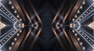 Boş gösteri sahnesinin arkaplanı. Boş karanlık modern soyut neon arkaplan. Boş bir sahnede neon ışıkları, diyotlar, ışınlar ve çizgiler. Gece şehrin ışıkları..