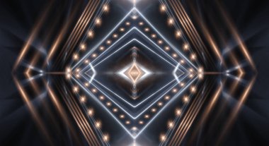 Boş gösteri sahnesinin arkaplanı. Boş karanlık modern soyut neon arkaplan. Boş bir sahnede neon ışıkları, diyotlar, ışınlar ve çizgiler. Gece şehrin ışıkları..