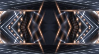 Boş gösteri sahnesinin arkaplanı. Boş karanlık modern soyut neon arkaplan. Boş bir sahnede neon ışıkları, diyotlar, ışınlar ve çizgiler. Gece şehrin ışıkları..