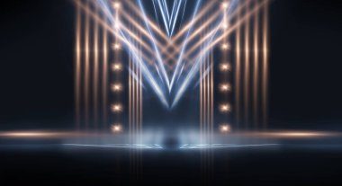 Boş gösteri sahnesinin arkaplanı. Boş karanlık modern soyut neon arkaplan. Boş bir sahnede neon ışıkları, diyotlar, ışınlar ve çizgiler. Gece şehrin ışıkları..