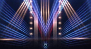Boş gösteri sahnesinin arkaplanı. Boş karanlık modern soyut neon arkaplan. Boş bir sahnede neon ışıkları, diyotlar, ışınlar ve çizgiler. Gece şehrin ışıkları..