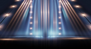 Boş gösteri sahnesinin arkaplanı. Boş karanlık modern soyut neon arkaplan. Boş bir sahnede neon ışıkları, diyotlar, ışınlar ve çizgiler. Gece şehrin ışıkları..