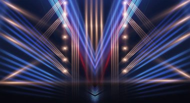 Boş gösteri sahnesinin arkaplanı. Boş karanlık modern soyut neon arkaplan. Boş bir sahnede neon ışıkları, diyotlar, ışınlar ve çizgiler. Gece şehrin ışıkları..