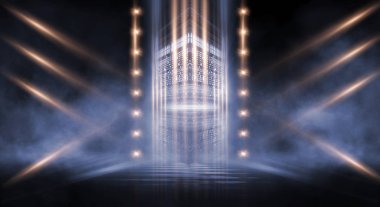 Boş gösteri sahnesinin arkaplanı. Boş karanlık modern soyut neon arkaplan. Boş bir sahnede neon ışıkları, diyotlar, ışınlar ve çizgiler. Gece şehrin ışıkları..