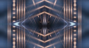 Boş gösteri sahnesinin arkaplanı. Boş karanlık modern soyut neon arkaplan. Boş bir sahnede neon ışıkları, diyotlar, ışınlar ve çizgiler. Gece şehrin ışıkları..