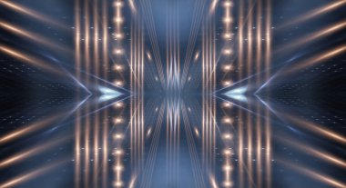 Boş gösteri sahnesinin arkaplanı. Boş karanlık modern soyut neon arkaplan. Boş bir sahnede neon ışıkları, diyotlar, ışınlar ve çizgiler. Gece şehrin ışıkları..