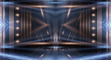 Boş gösteri sahnesinin arkaplanı. Boş karanlık modern soyut neon arkaplan. Boş bir sahnede neon ışıkları, diyotlar, ışınlar ve çizgiler. Gece şehrin ışıkları..