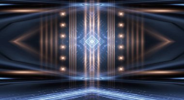 Boş gösteri sahnesinin arkaplanı. Boş karanlık modern soyut neon arkaplan. Boş bir sahnede neon ışıkları, diyotlar, ışınlar ve çizgiler. Gece şehrin ışıkları..