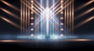 Boş gösteri sahnesinin arkaplanı. Boş karanlık modern soyut neon arkaplan. Boş bir sahnede neon ışıkları, diyotlar, ışınlar ve çizgiler. Gece şehrin ışıkları..