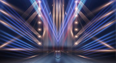 Boş gösteri sahnesinin arkaplanı. Boş karanlık modern soyut neon arkaplan. Boş bir sahnede neon ışıkları, diyotlar, ışınlar ve çizgiler. Gece şehrin ışıkları..