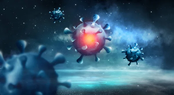 Covid Ognisko Koronawirusa Wirus Unoszący Się Środowisku Komórkowym Tło Grypy — Zdjęcie stockowe