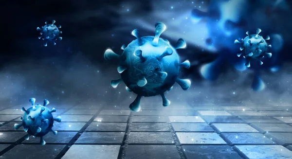 細胞環境に浮かぶウイルス コロナウイルスインフルエンザの背景 ウイルス感染症 ウイルス ウイルスの3Dマイクロを見た — ストック写真