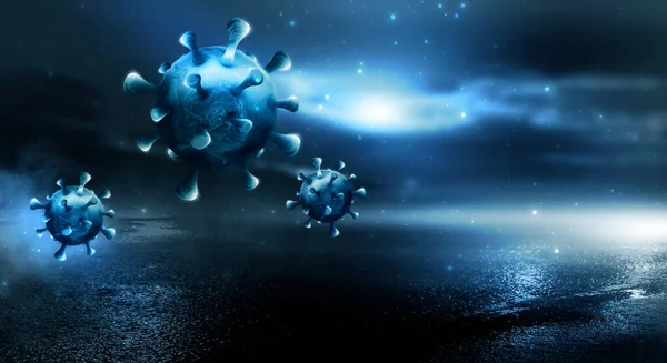 細胞環境に浮かぶウイルス コロナウイルスインフルエンザの背景 ウイルス感染症 ウイルス ウイルスの3Dマイクロを見た — ストック写真