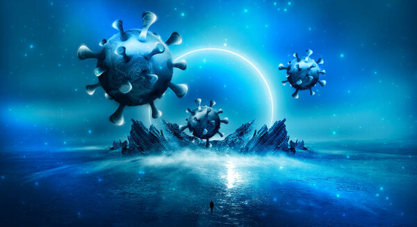 Covid-19, coronavirus outbreak, virus floating in a cellular environment, coronaviruses influenza background, viral disease epidemic, 3D  of virus, organism, virus seen micro.