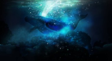 Güneşin sudaki derinlikleri, sualtı dünyası, deniz tabanı. Deniz fantezisi, büyük balina, sperm balinası, deniz kenarında bir adamın silueti. Gece görünümü.