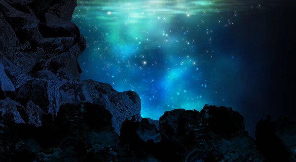 The depths of the sun through the water, the underwater world, the sea floor. Sea fantasy, big whale, sperm whale, the silhouette of a man by the sea. Night view.