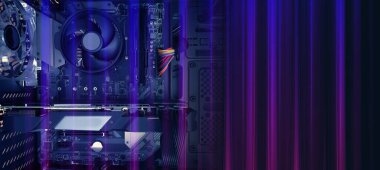 Mavi neon arka plan, bilgisayar. Bilgisayar tekyolojisi. Bilgisayar donanım araçları, neon ışıklar, pervaneler, mikroçipler ile modern teknoloji soyut mavi arka plan. Soyut mavi ve kırmızı neon, öncü ışık. Metal plakalar, modern ekipmanlar..