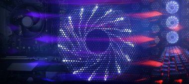 Mavi neon arka plan, bilgisayar. Bilgisayar tekyolojisi. Bilgisayar donanım araçları, neon ışıklar, pervaneler, mikroçipler ile modern teknoloji soyut mavi arka plan. Soyut mavi ve kırmızı neon, öncü ışık. Metal plakalar, modern ekipmanlar..