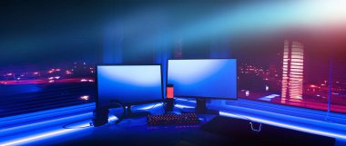 Neon ışıkları olan bir oda. Oyun Alanı. Bilgisayar oyunları, oyun sporları ve akış için iç mekan. İç kısımda soyut neon arkaplan. Odanın gece görüşü, beyaz masa, neon ışık. Mavi ve pembe neon.