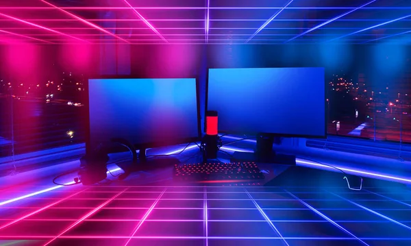 Habitación Con Luces Neón Zona Juego Interior Para Juegos Ordenador — Foto de Stock